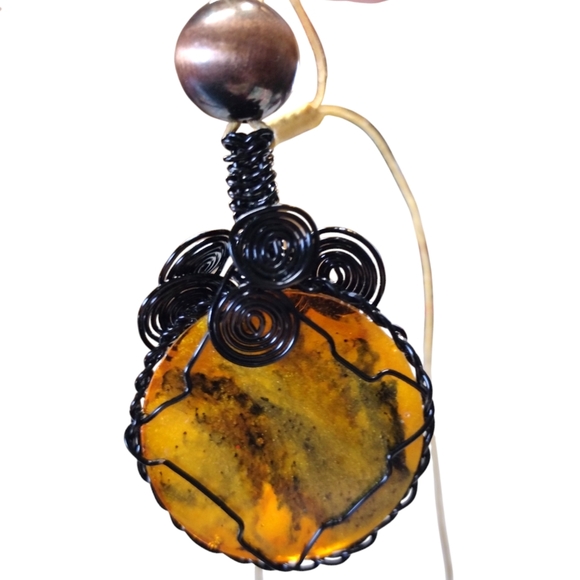 Translucent Mexican Fire Opal faux Stone OOAK with Gold Cooper Necklace - Picture 3 of 5